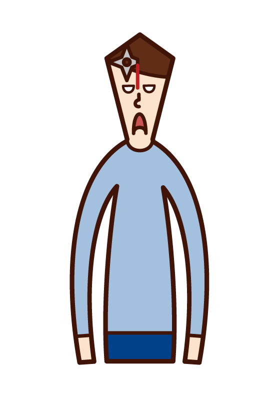 Illustration of a man with a shuriken stuck in his forehead