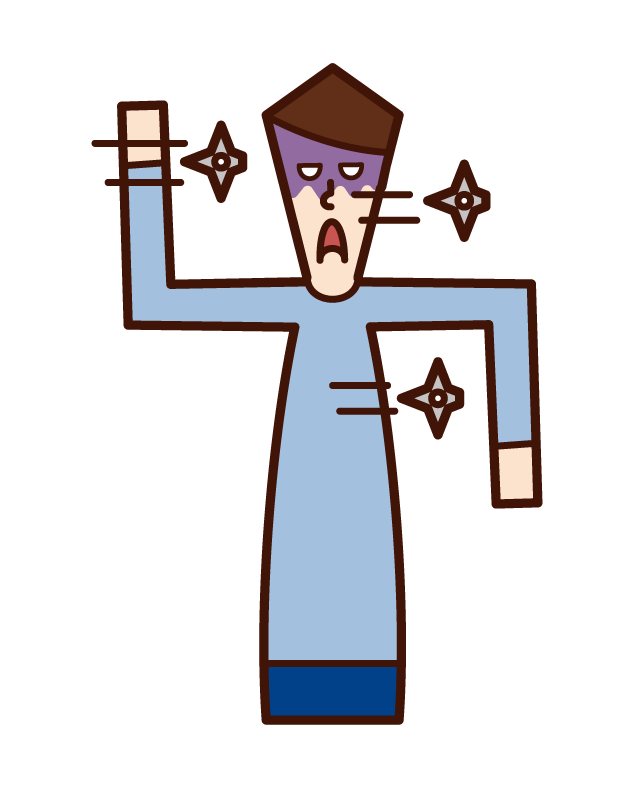 Illustration of a man with a shuriken stuck in his forehead