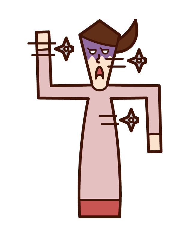 Illustration of a man with a shuriken stuck all over his body