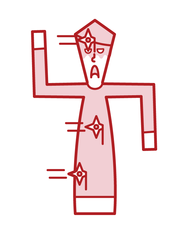 Illustration of a man with a shuriken stuck all over his body