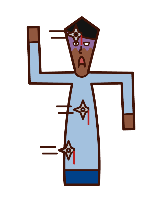 Illustration of a man with a shuriken stuck all over his body