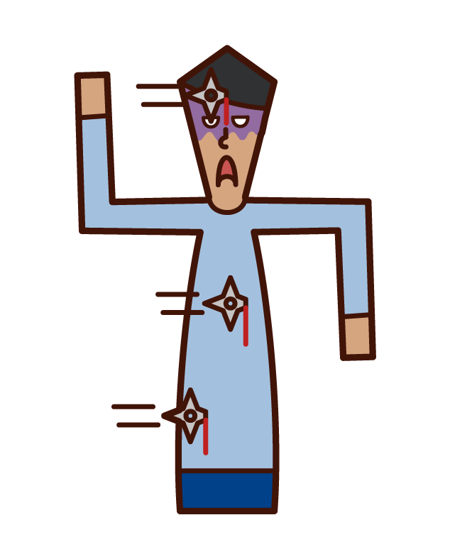Illustration of a man with a shuriken stuck all over his body