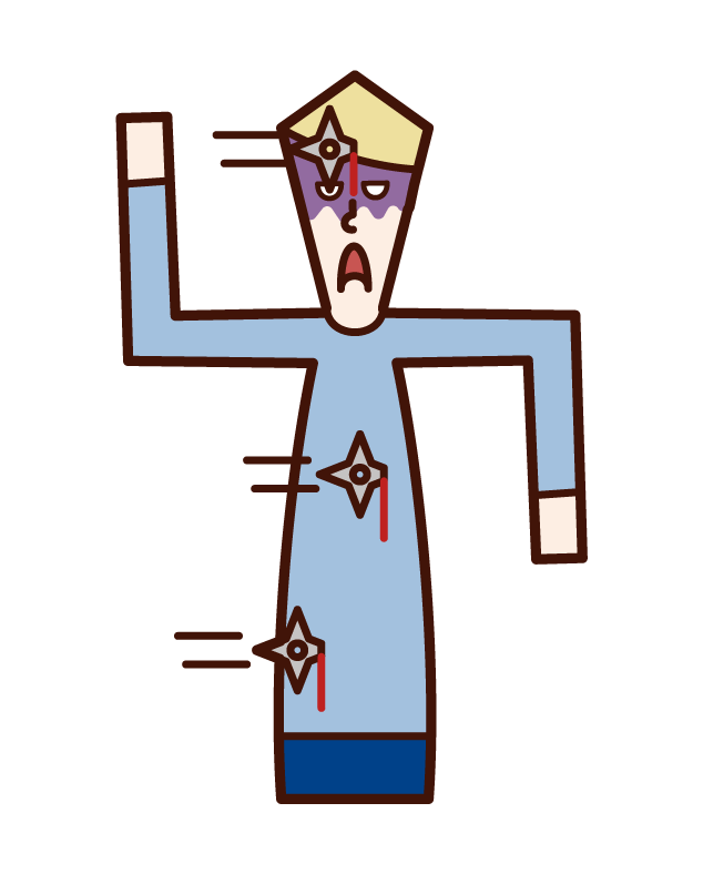 Illustration of a man with a shuriken stuck all over his body