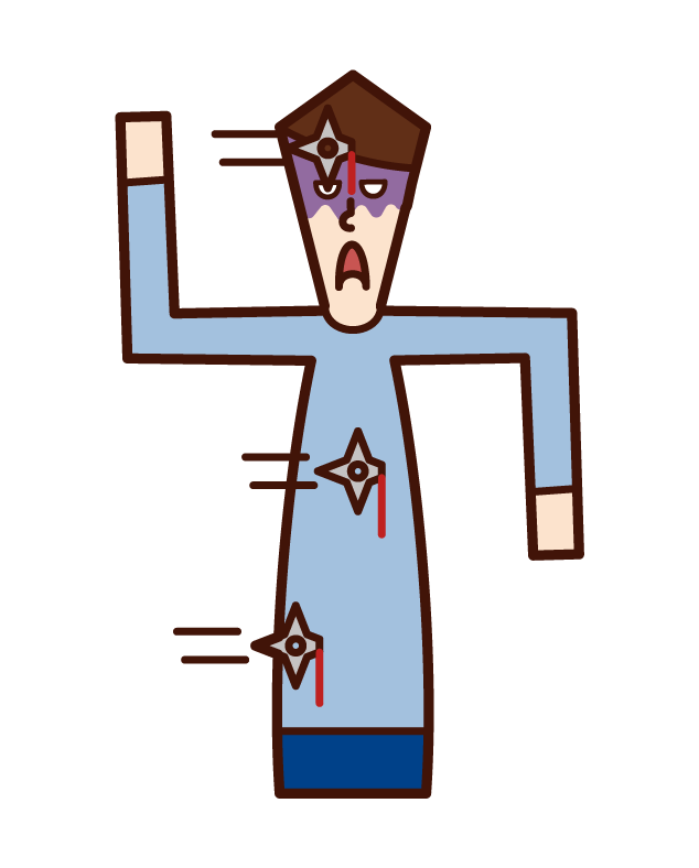 Illustration of a man with a shuriken stuck all over his body