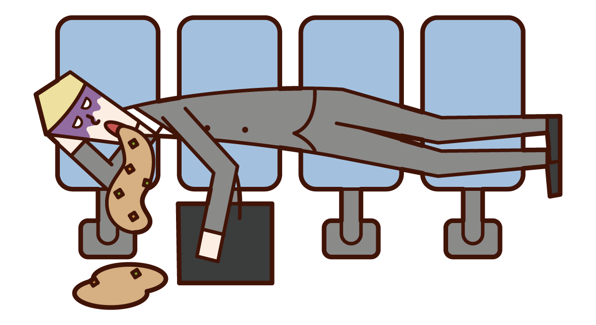 駅のベンチで寝ながら嘔吐する人（男性）のイラスト