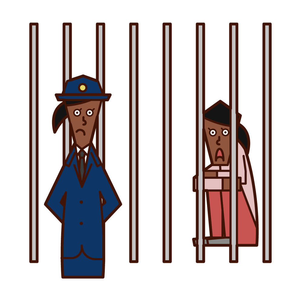 Illustration of a prison officer (woman) monitoring prisoners
