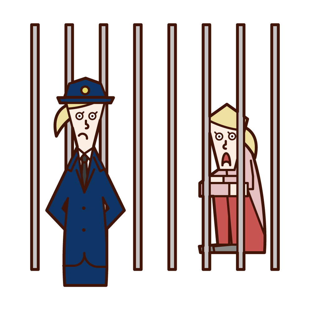 囚人を監視する刑務官（女性）のイラスト