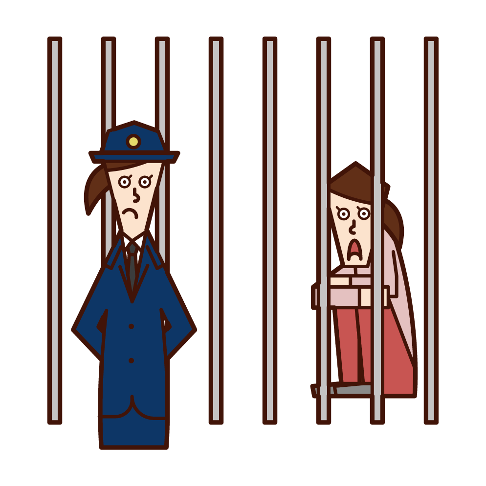 Illustration of a prison officer (woman) monitoring prisoners