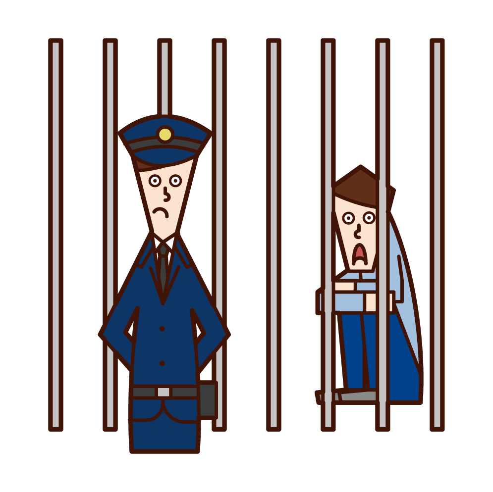 囚人を監視する刑務官（男性）のイラスト