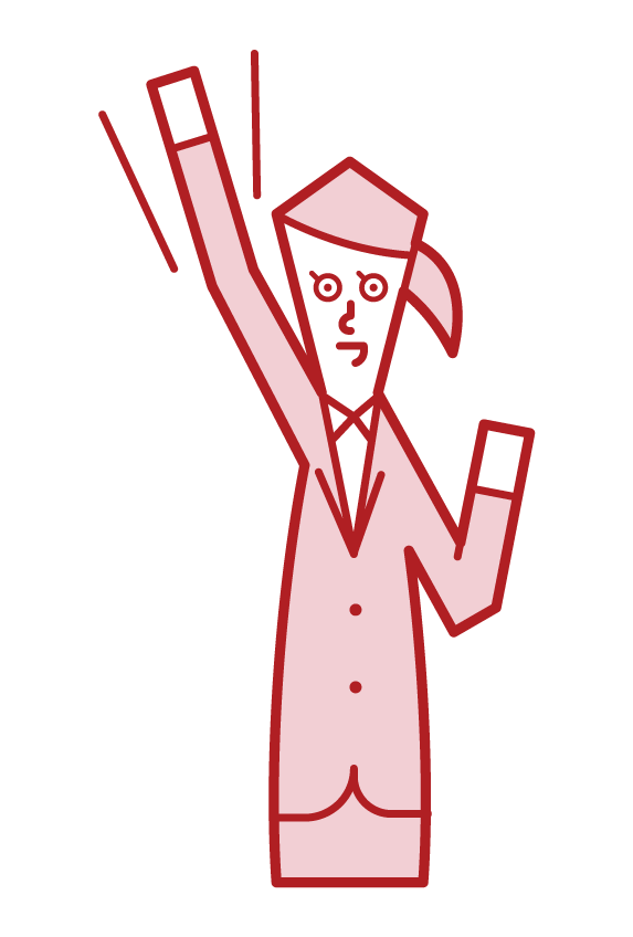 Illustration of a person raising a fist high and a motivated person (woman)