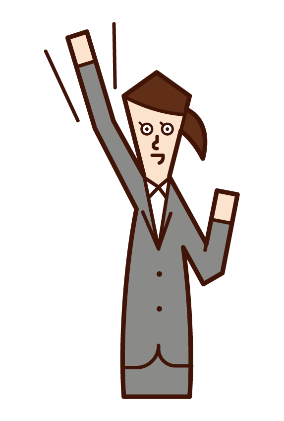 Illustration of a person raising a fist high and a motivated person (woman)