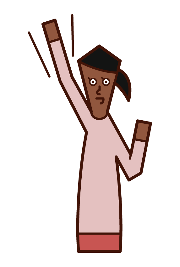 Illustration of a person raising a fist high and a motivated person (woman)