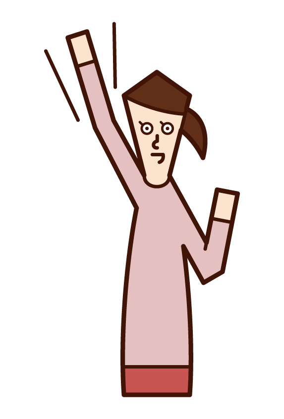 Illustration of a person raising a fist high and a motivated person (woman)