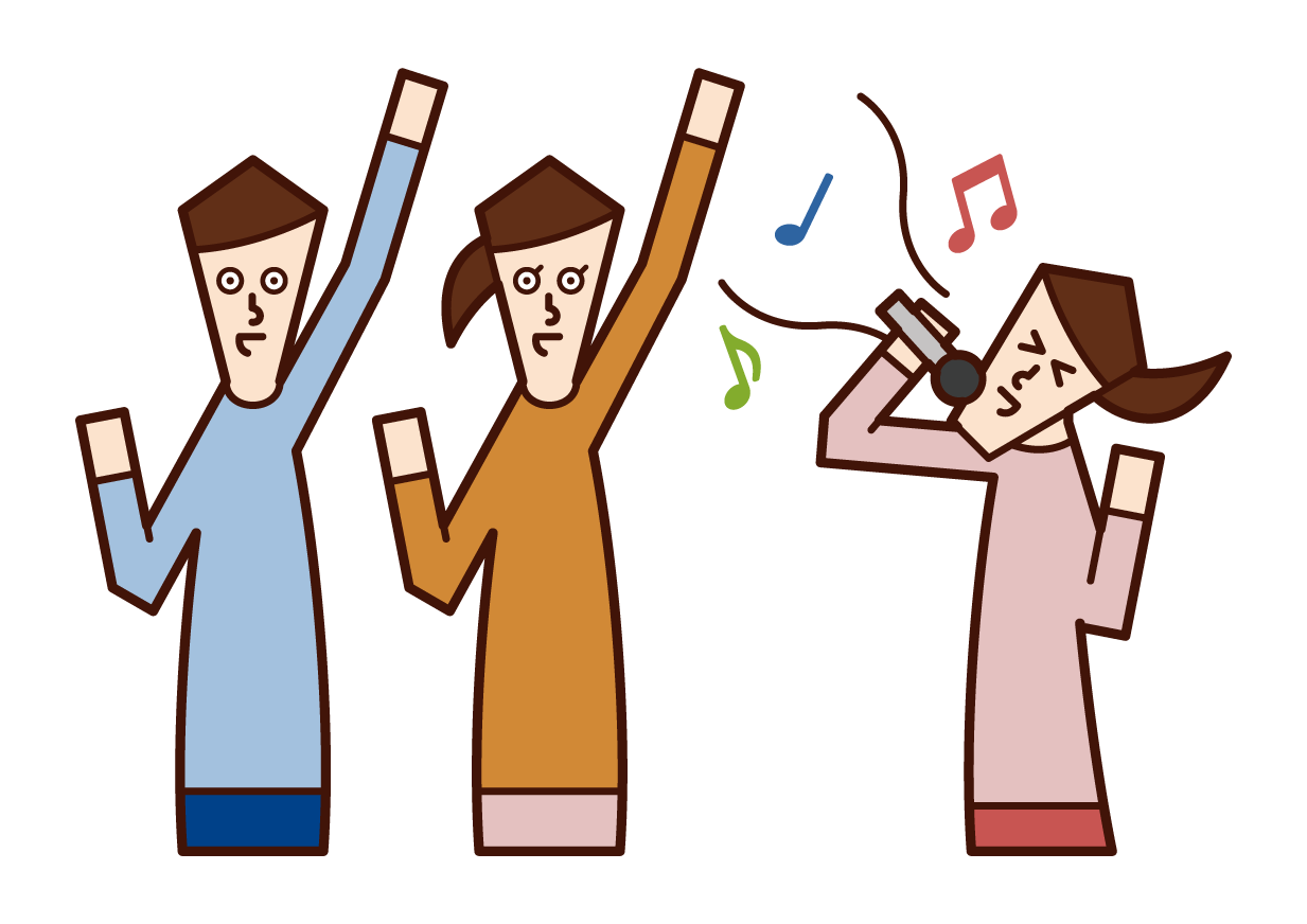 Illustration of a person singing a song and a person enjoying karaoke (grandmother)