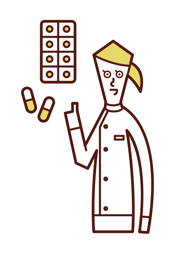 Illustration of a pharmacist (female) prescribing medicine