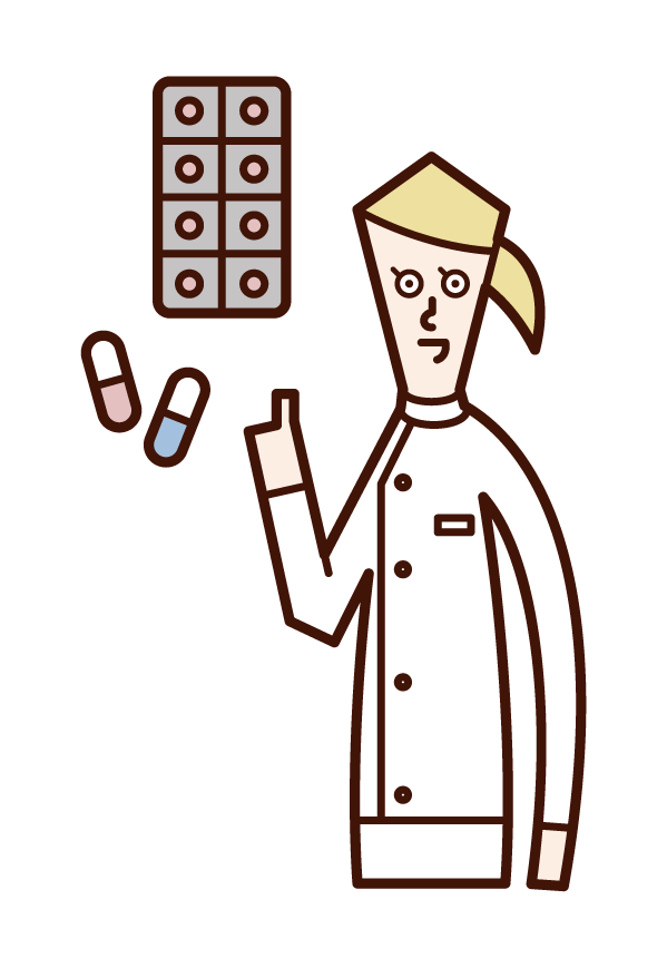 Illustration of a pharmacist (female) prescribing medicine