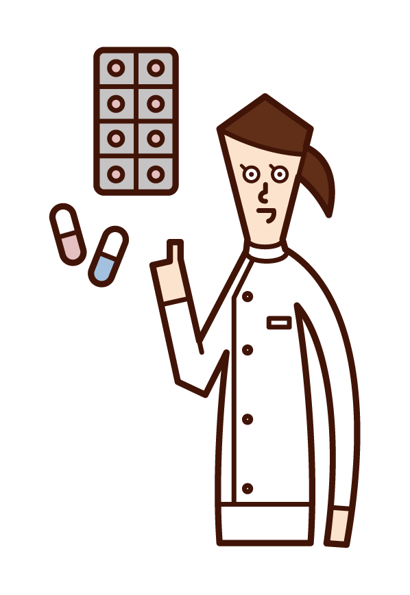 Illustration of a pharmacist (female) prescribing medicine