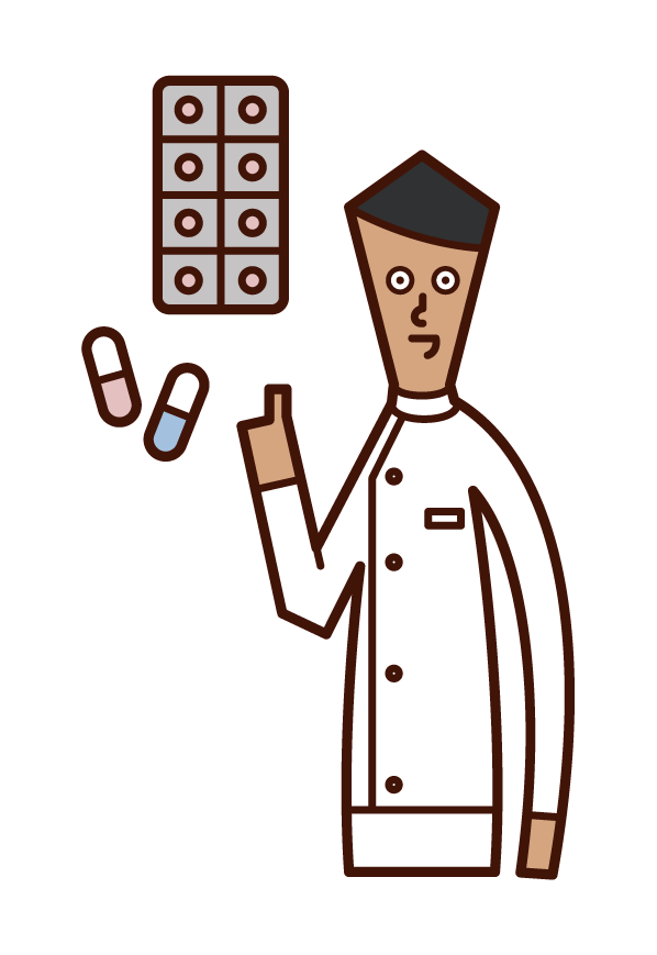 Illustration of a pharmacist (male) prescribing medicine