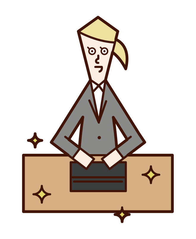 Illustration of a person (woman) who is good at organizing and organizing people with a beautiful desk