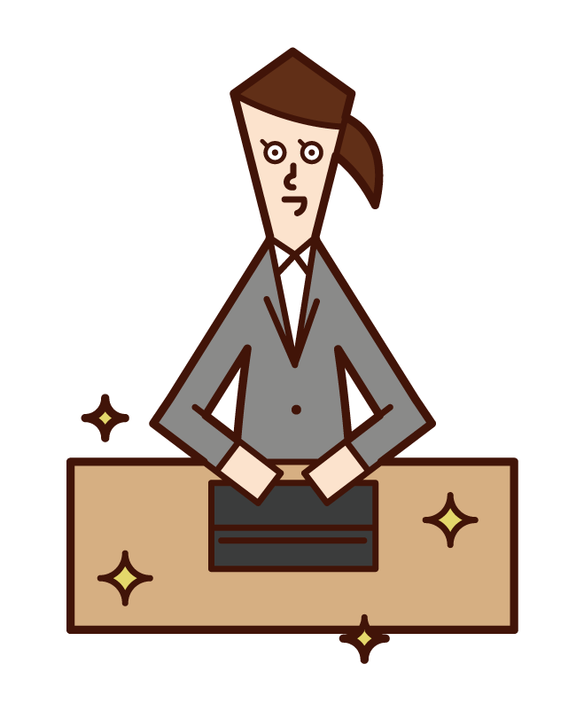 Illustration of a person (woman) who is good at organizing and organizing people with a beautiful desk