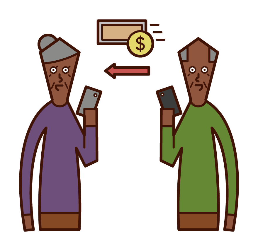 Illustration of an elderly person (grandfather) sending electronic money