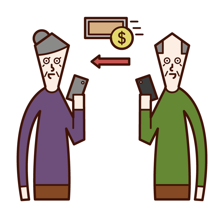 Illustration of an elderly person (grandfather) sending electronic money