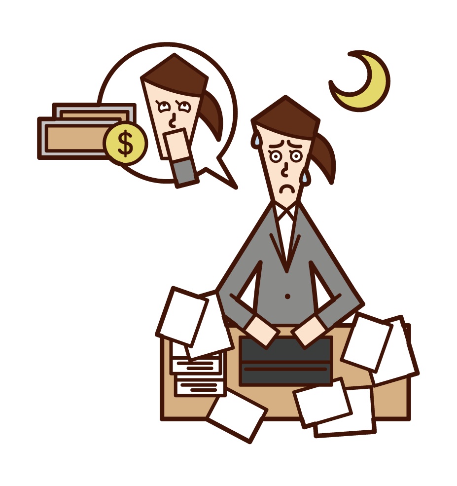 Illustration of a woman working overtime for money