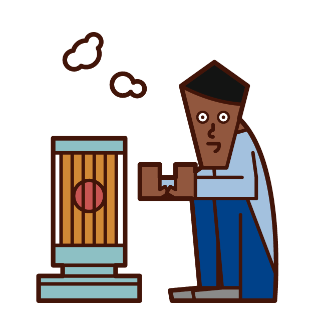 Illustration of a man warming up with a stove