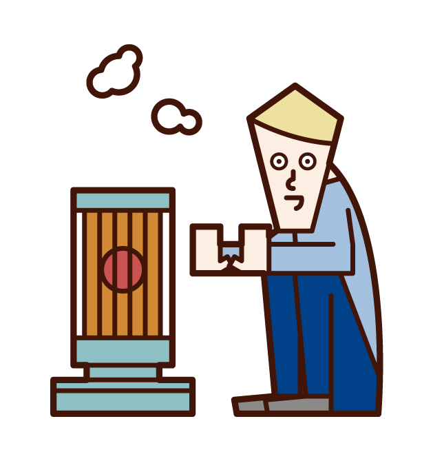 Illustration of a man warming up with a stove