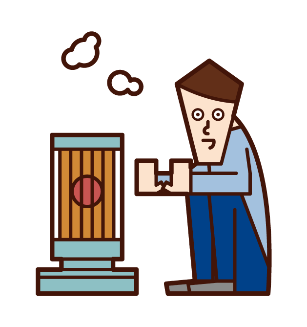 Illustration of a man warming up with a stove