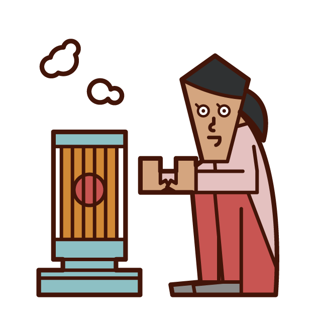 Illustration of a woman warming up with a stove