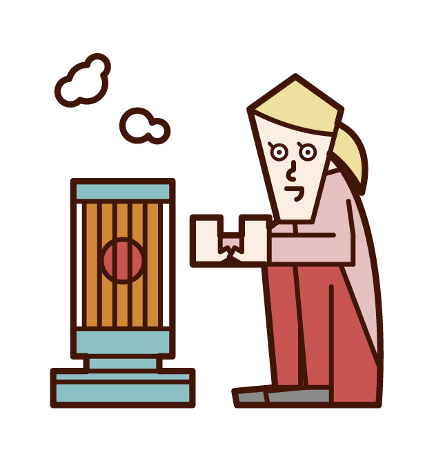 Illustration of a woman warming up with a stove