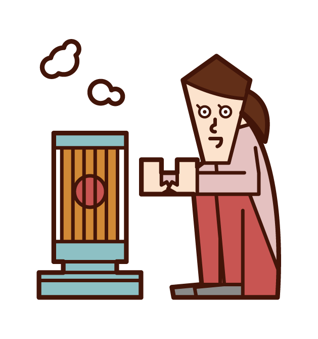 Illustration of a person (grandmother) warming up with a stove