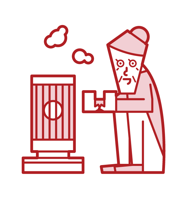 Illustration of a person (grandmother) warming up with a stove