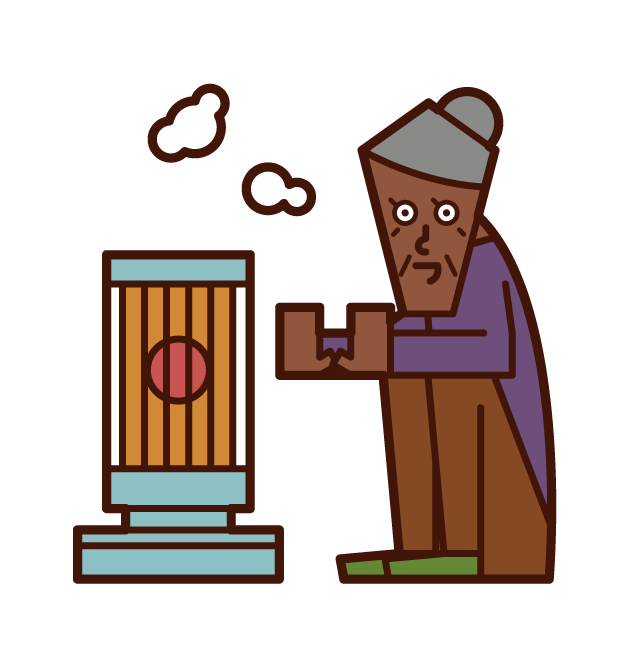 Illustration of a person (grandmother) warming up with a stove