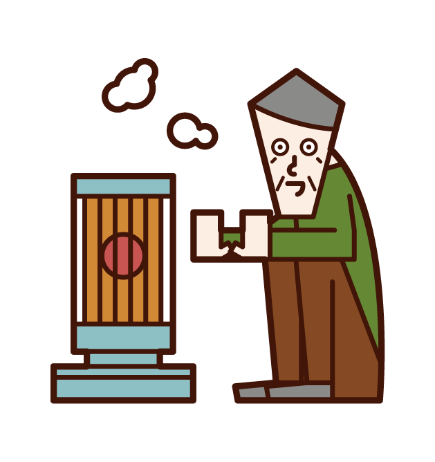 Illustration of a person (grandfather) warming up with a stove