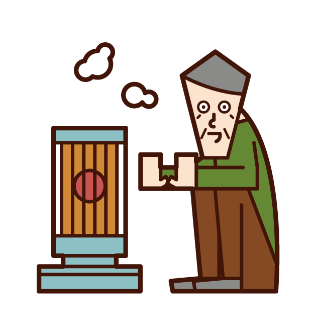 Illustration of a person (grandfather) warming up with a stove