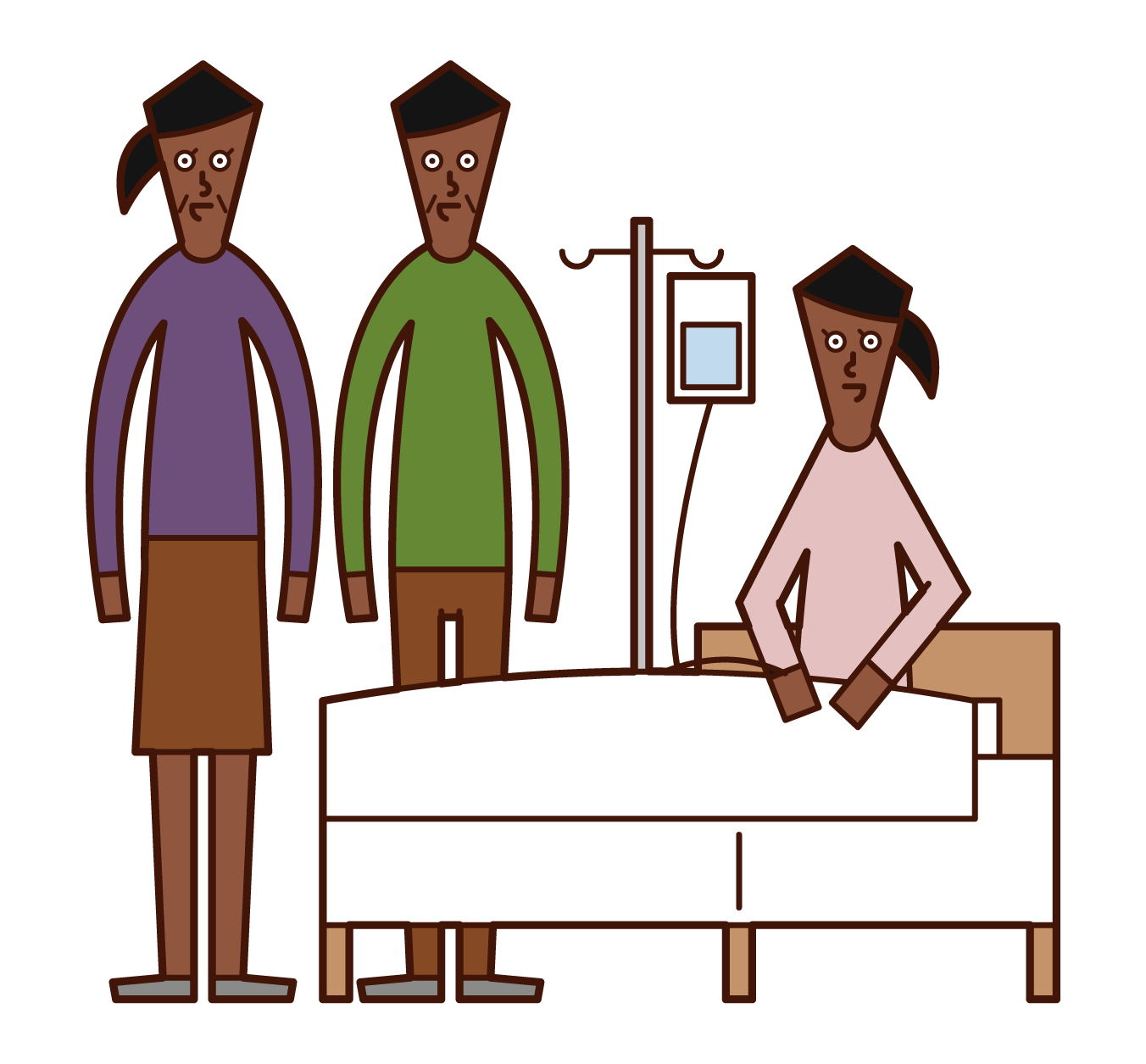 Illustrations of people visiting hospitalized people