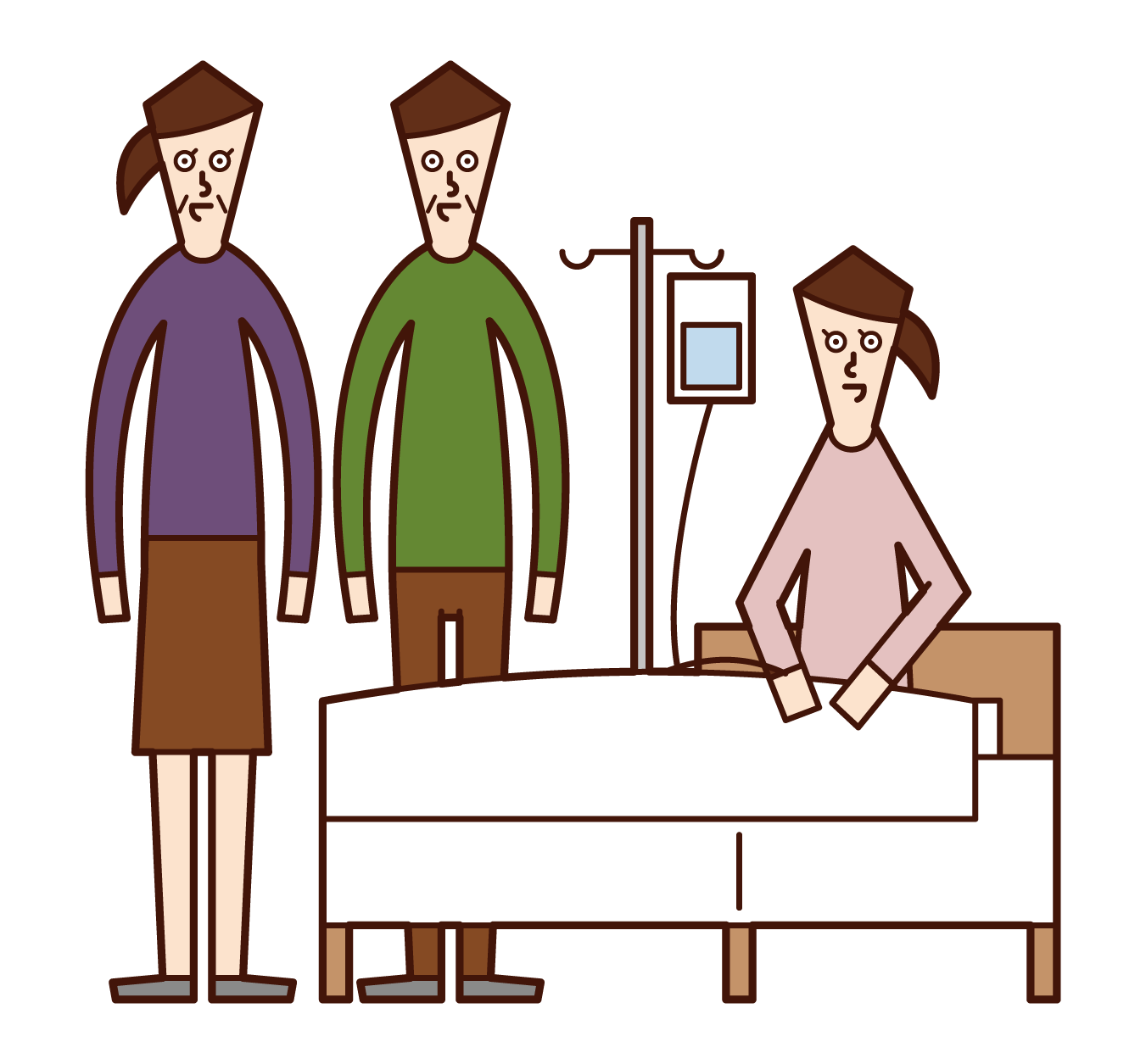 Illustration of a family visiting an old grandmother who is in hospital