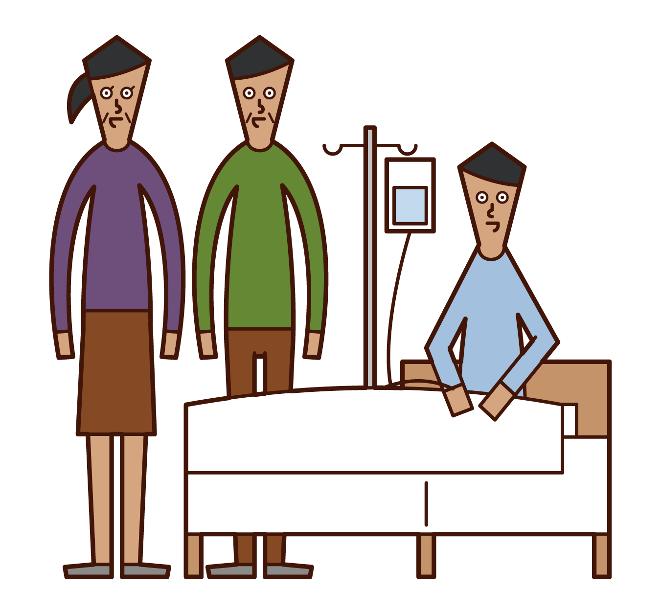 Illustrations of people visiting hospitalized people