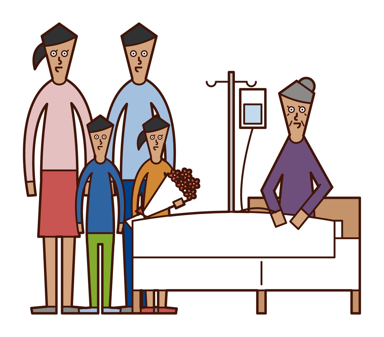 Illustration of a family visiting an old grandmother who is in hospital