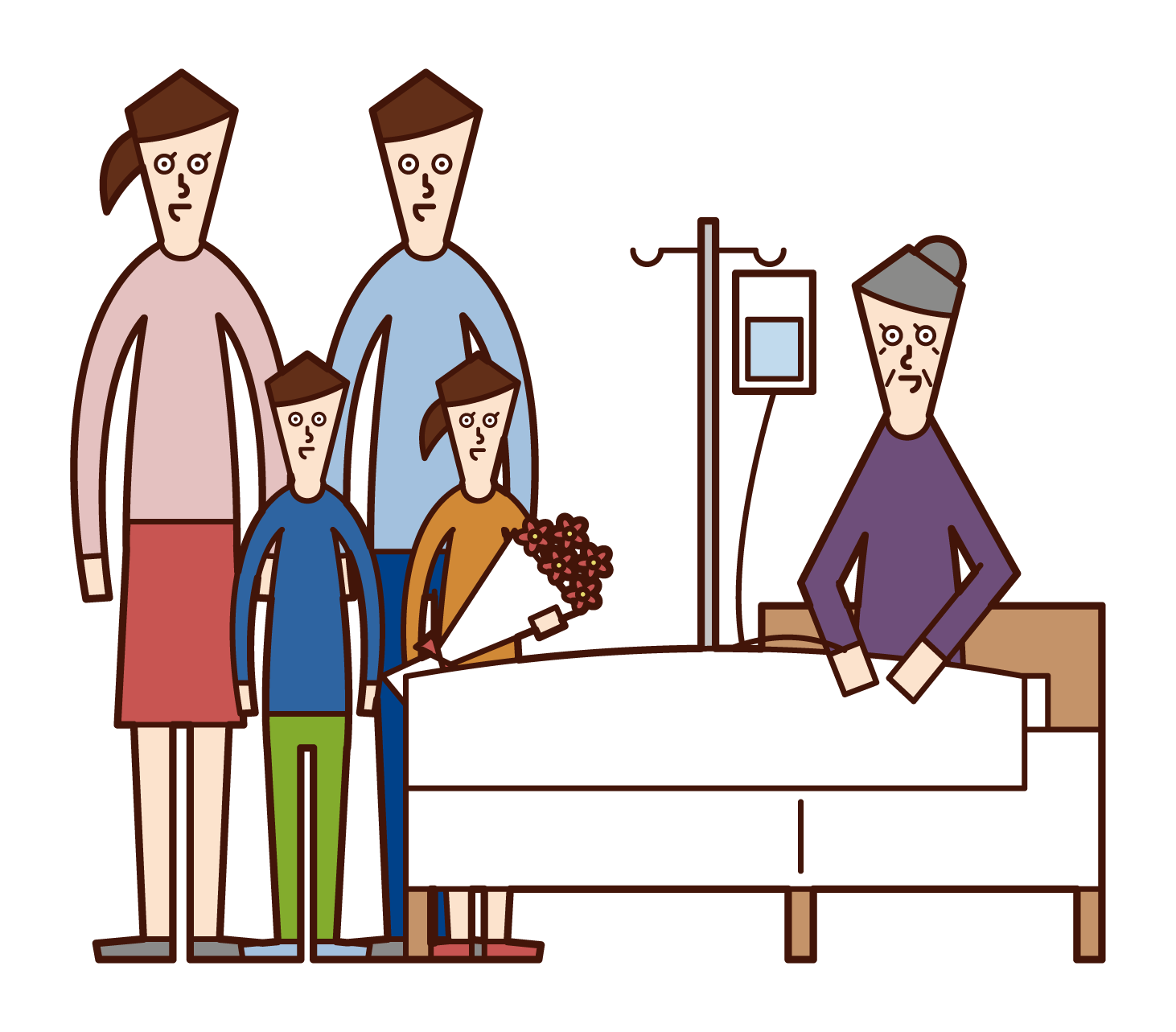 Illustration of a family visiting an old grandmother who is in hospital