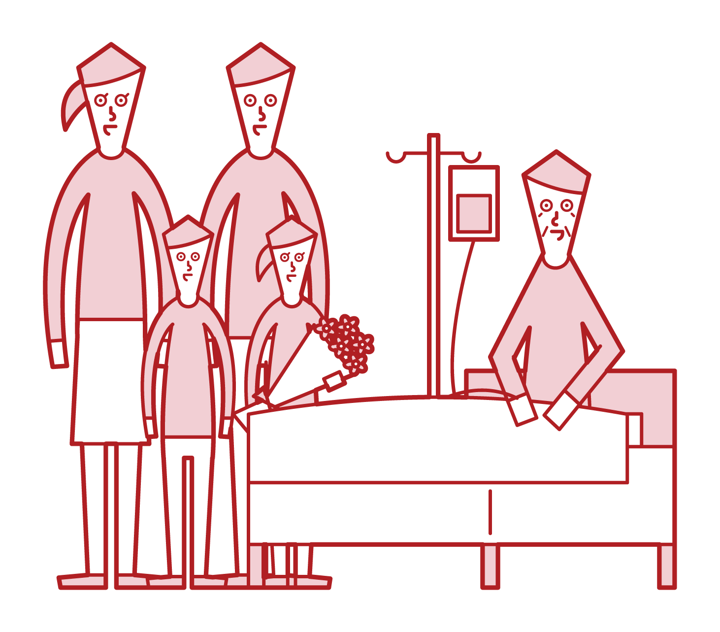 Illustration of a family visiting a hospitalized grandfather