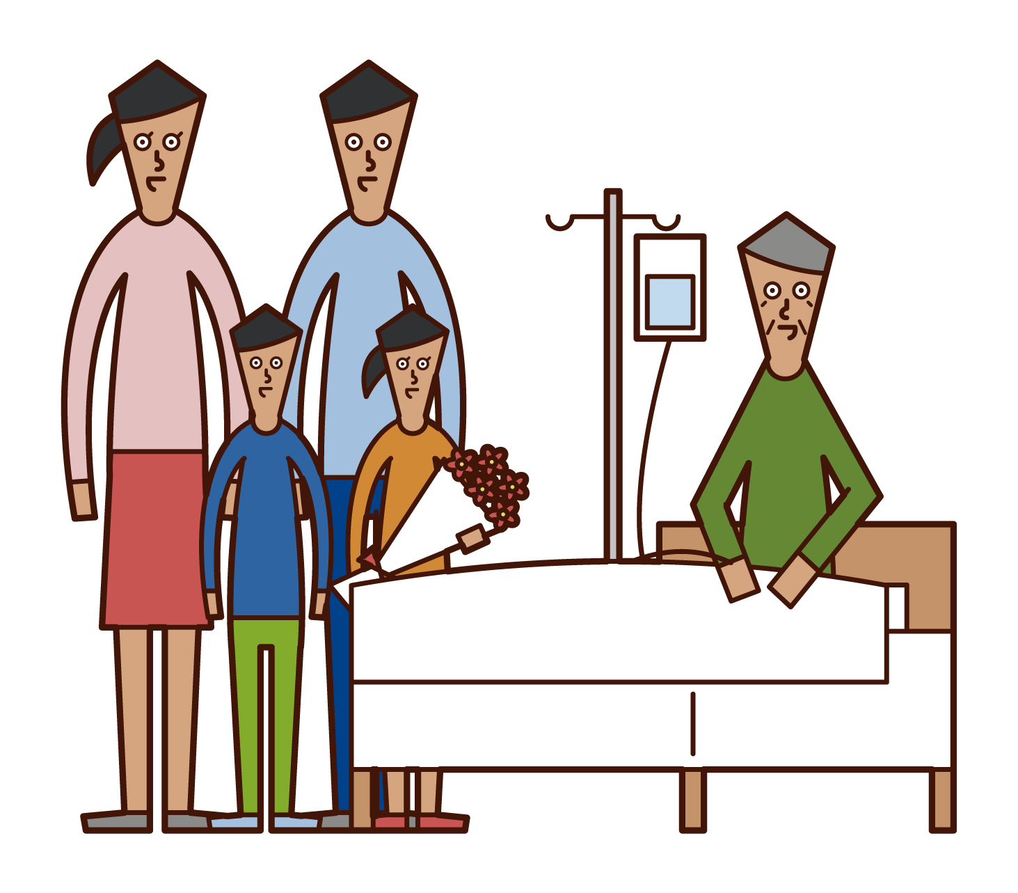 一個家庭的插圖，為正在住院的祖父提供慰問