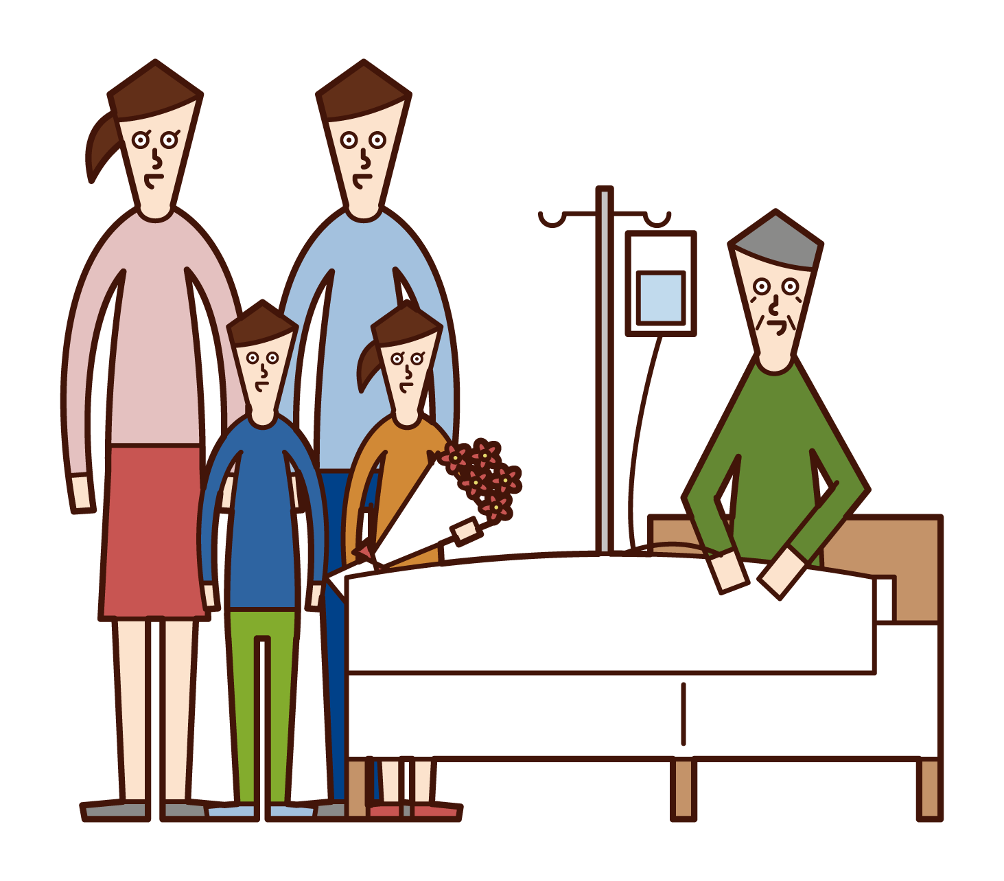 Illustrations of people visiting hospitalized people