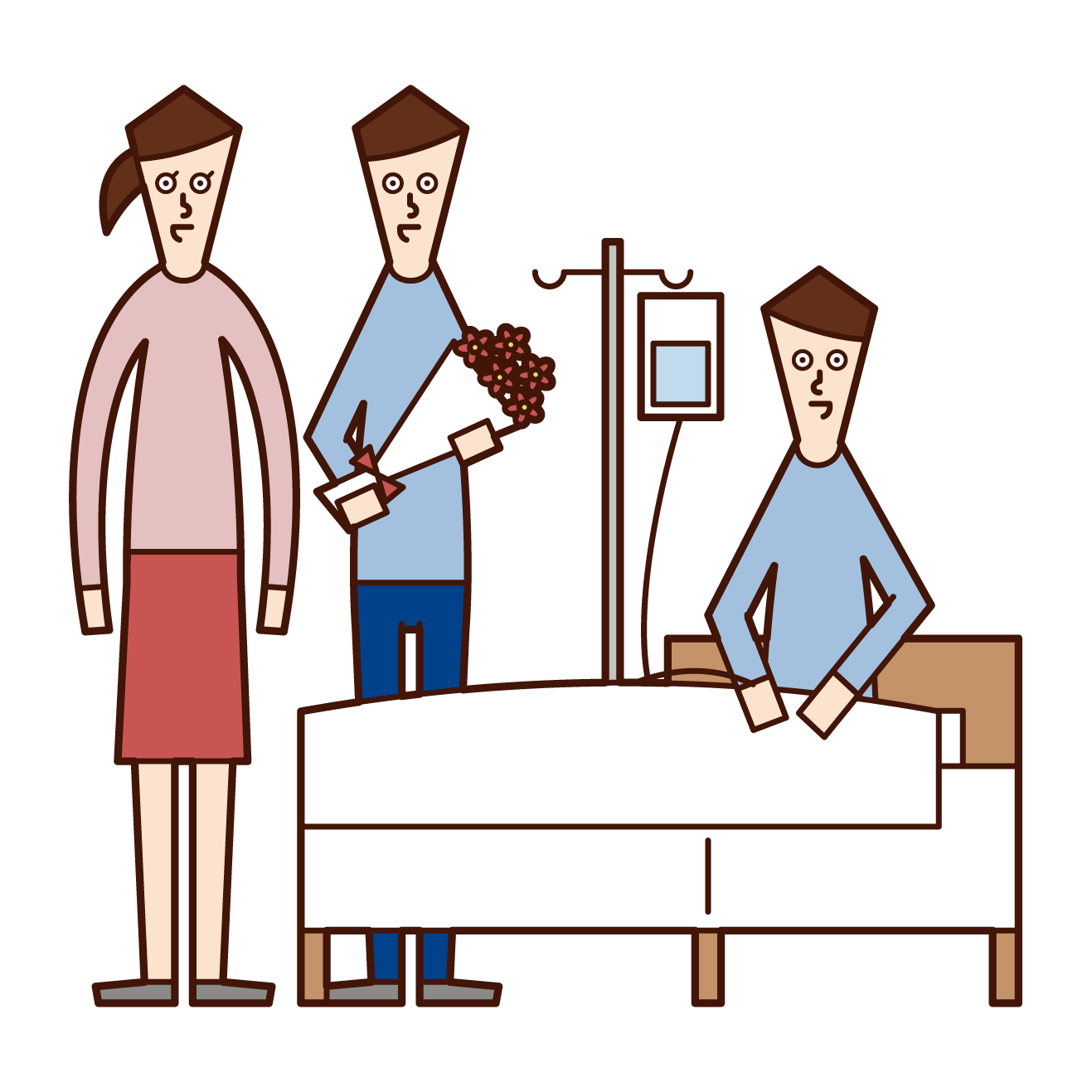 Illustration of a family visiting an old grandmother who is in hospital