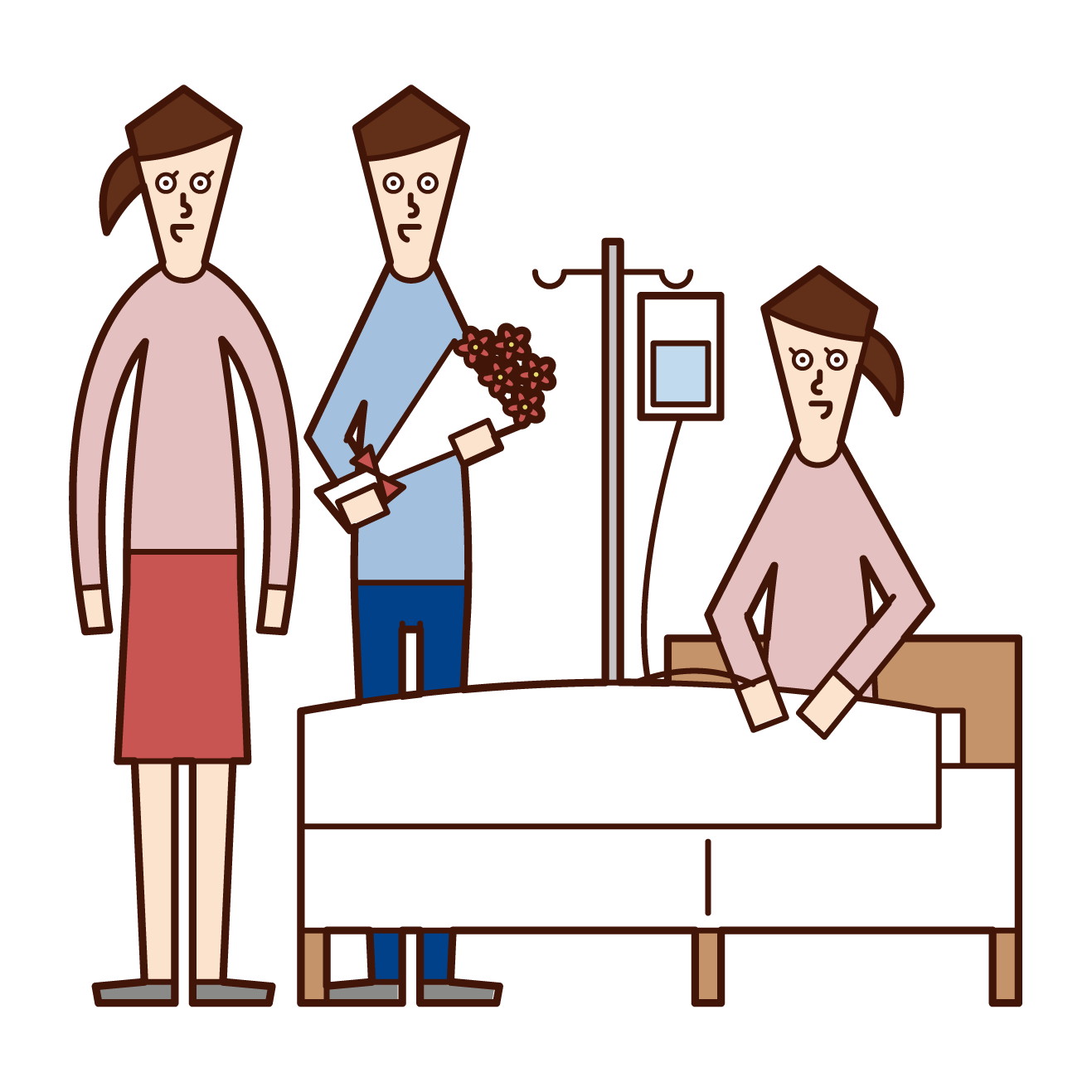 Illustration of a friend couple visiting a hospitalized man