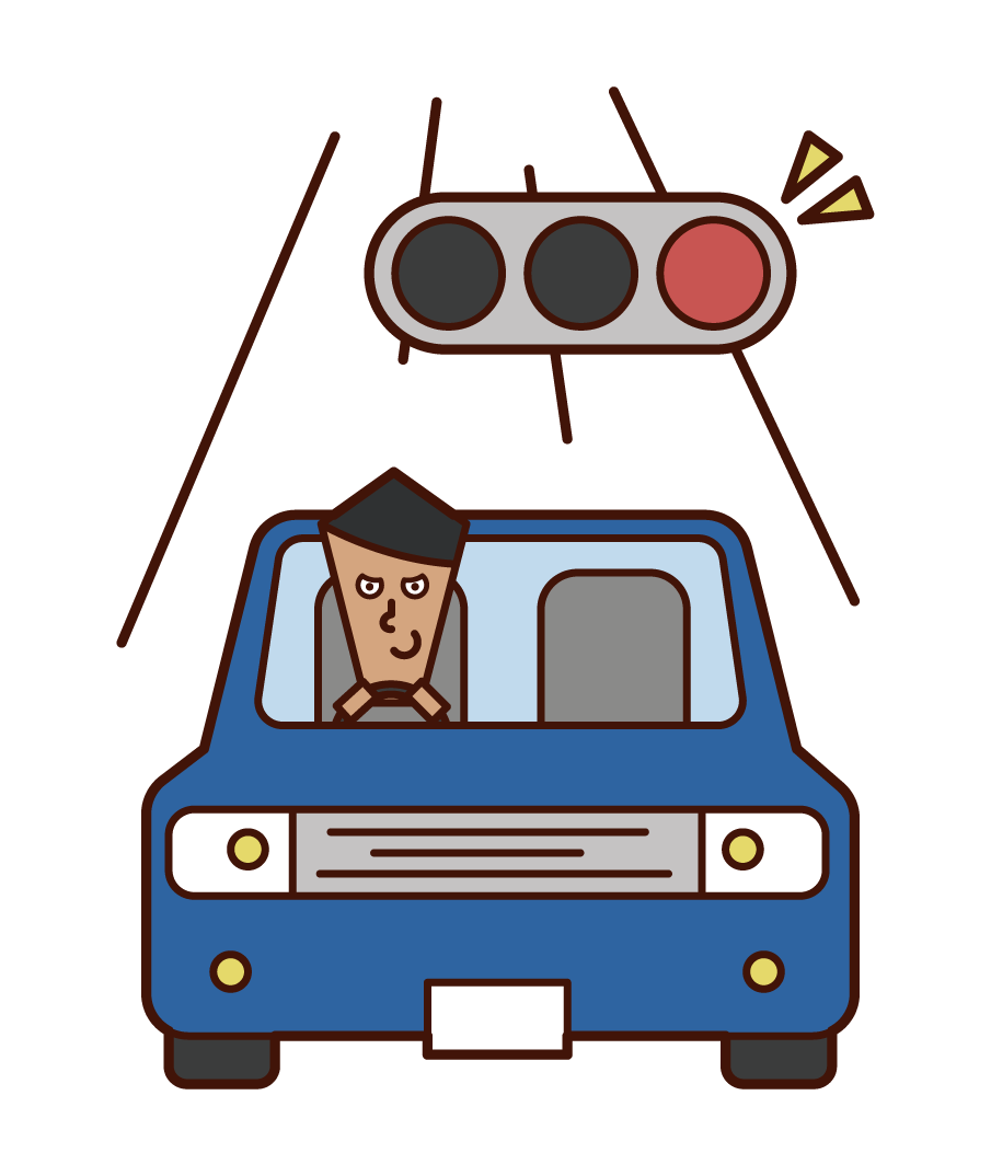 Illustration of a driver (male) ignoring a red light