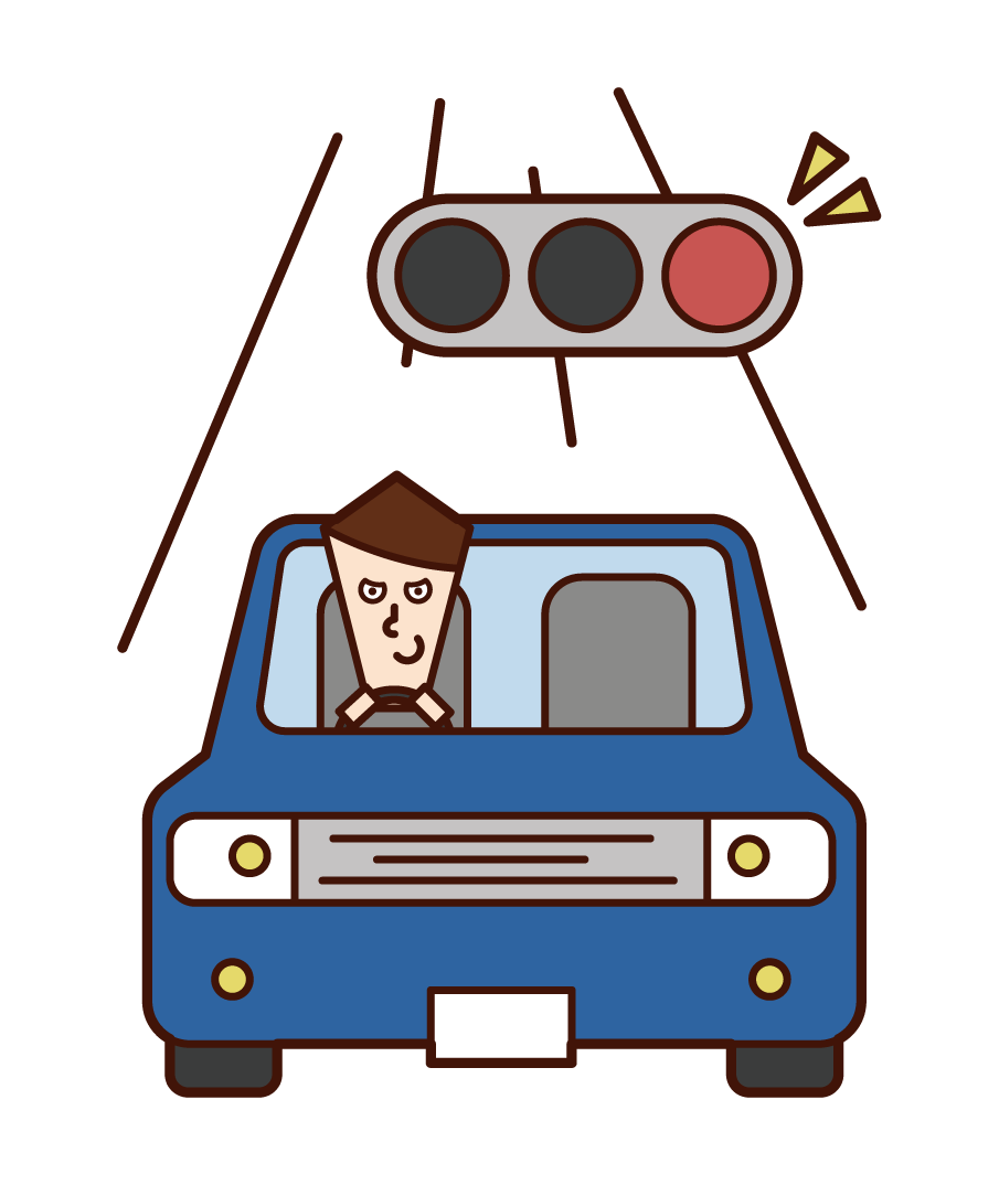 Illustration of a driver (male) ignoring a red light