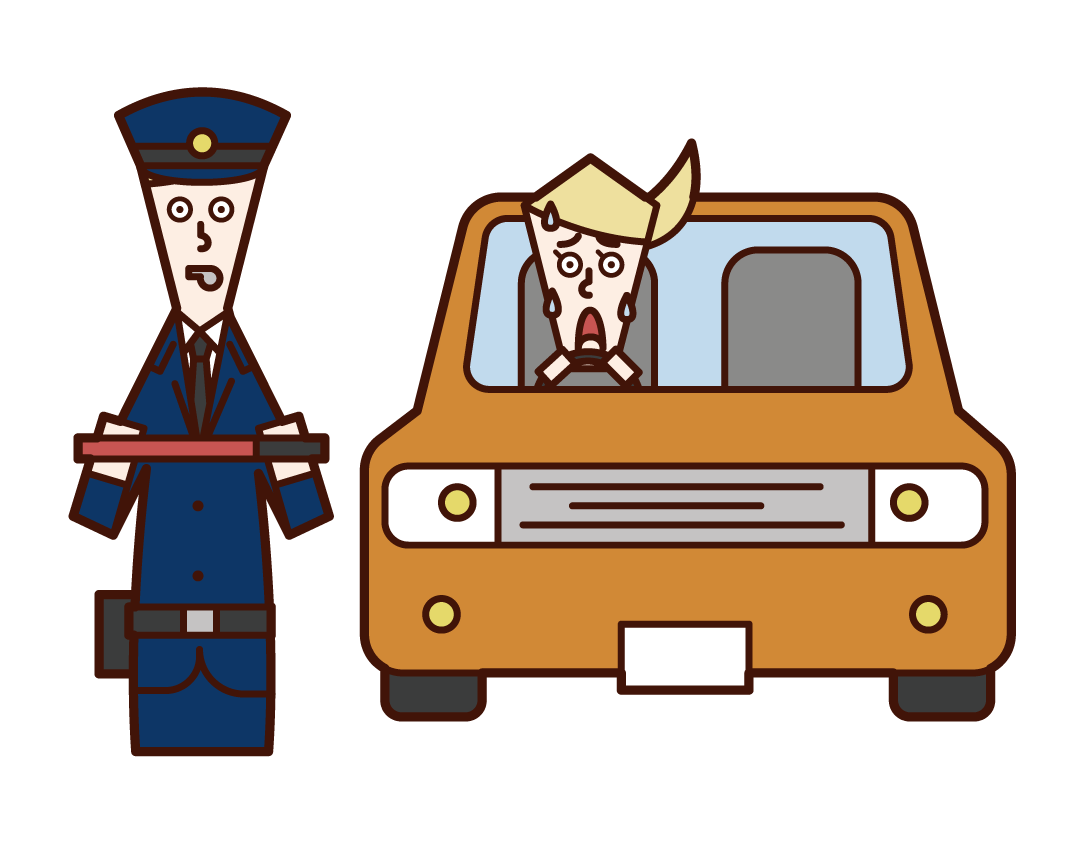 Illustration of a police officer (male) cracking down on a car